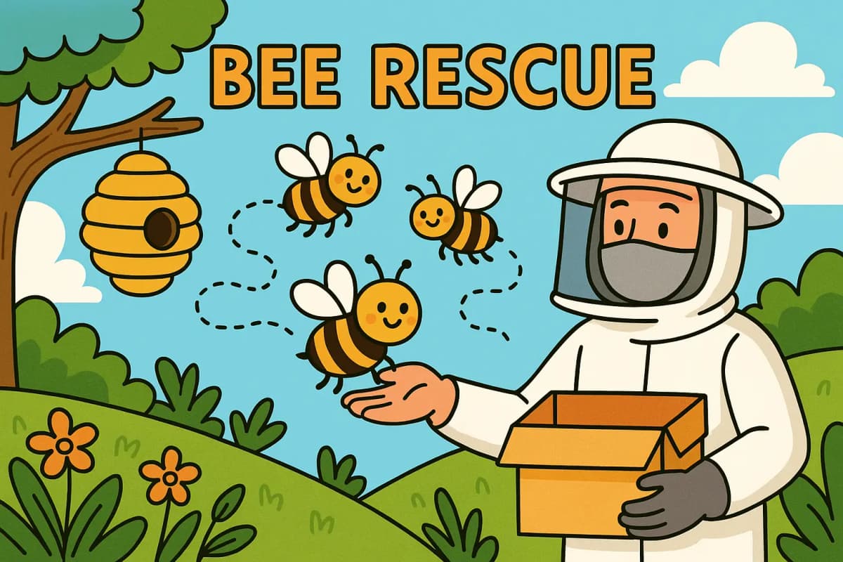 Apiculteur sympathique sauvant des abeilles souriantes près d'une ruche dans un jardin ensoleillé, promouvant la sensibilisation au sauvetage des abeilles.